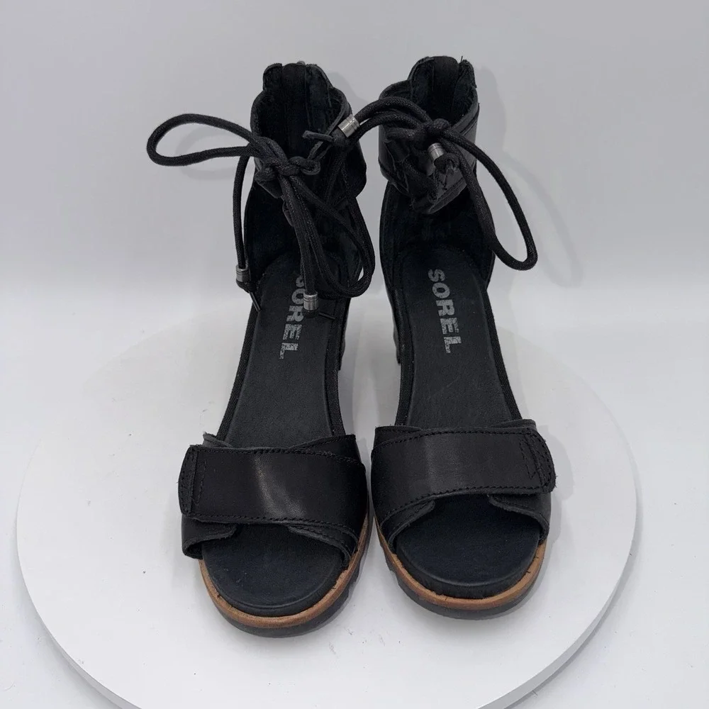Sorel Joanie Black Leather Ankle Lace Up Wedge Heels Sandals Women's Size 9